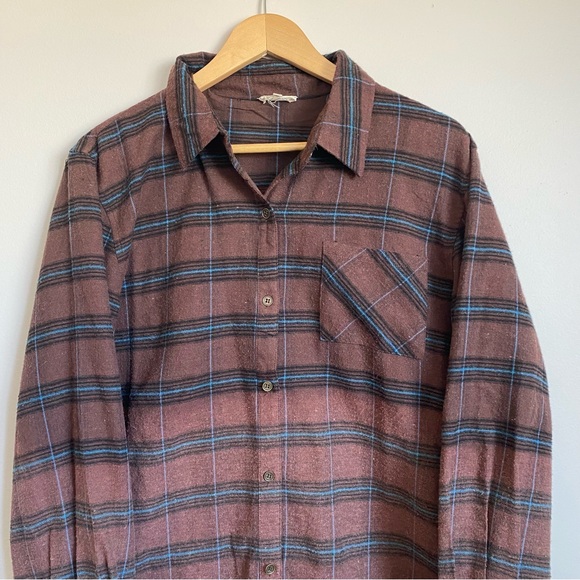 La Miel Plaid Shirt. Medium. Brown with blue, black. Oversized fit. Distressed. - Picture 3 of 7